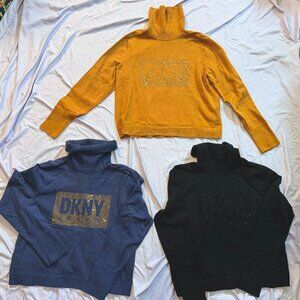 3 DKNY Turtleneck Logo Studded Sweaters - SIZE LARGE (Gold, Blue, and Black)